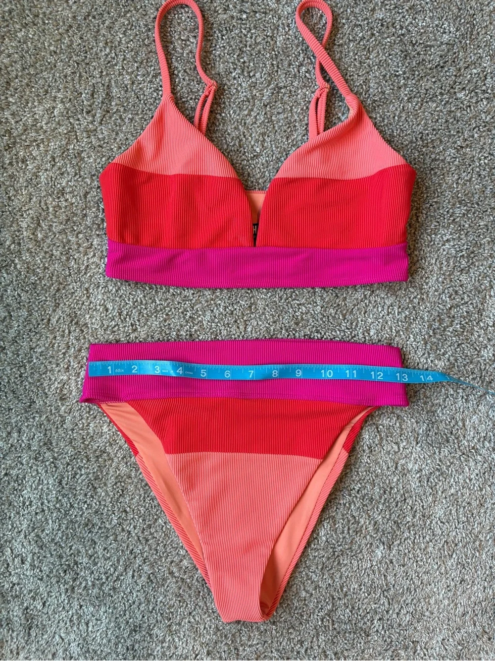 Beach Riot Neon Pink and Coral Colorblock Bikini Set